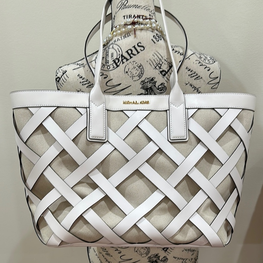 Michael Kors White and Tan Woven Tote Bag
